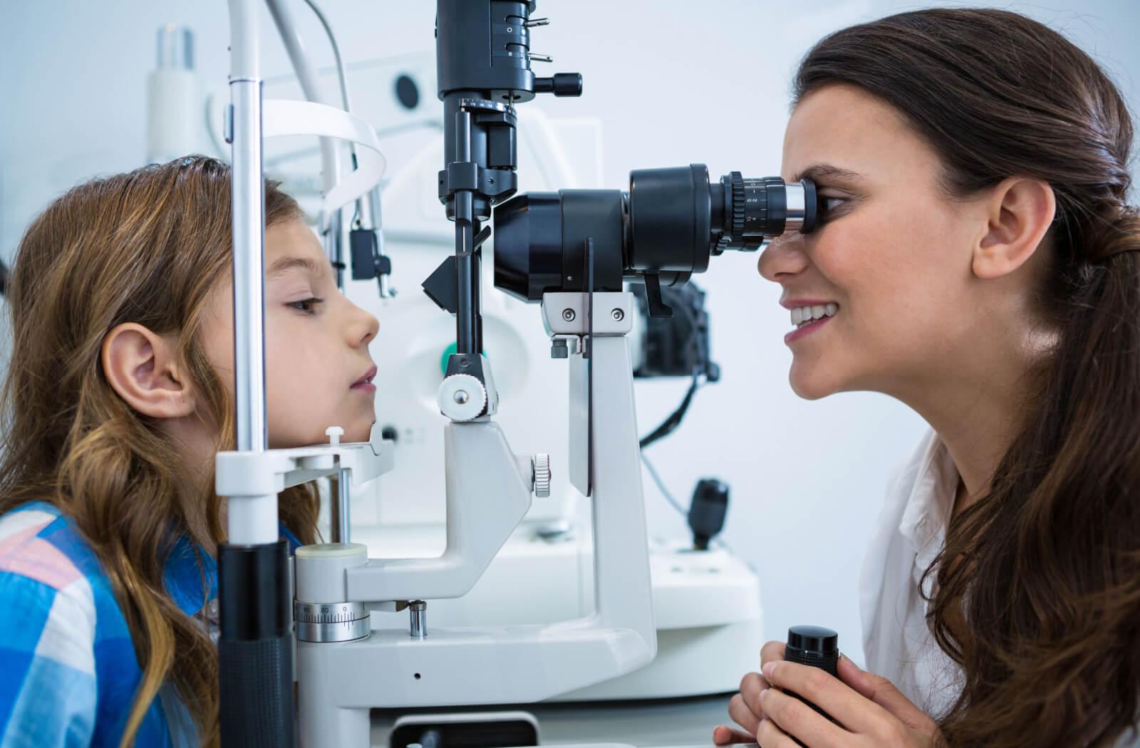 A child having an eye exam to monitor for myopia progression.