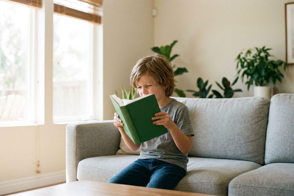 Child sitting on a gray sofa in a living room, holding a green book very close to their face, squinting while reading.