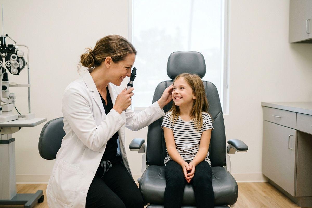 Smiling optometrist examines a child's eye with an ophthalmoscope in an eye exam room; child sits in exam chair, smiling.