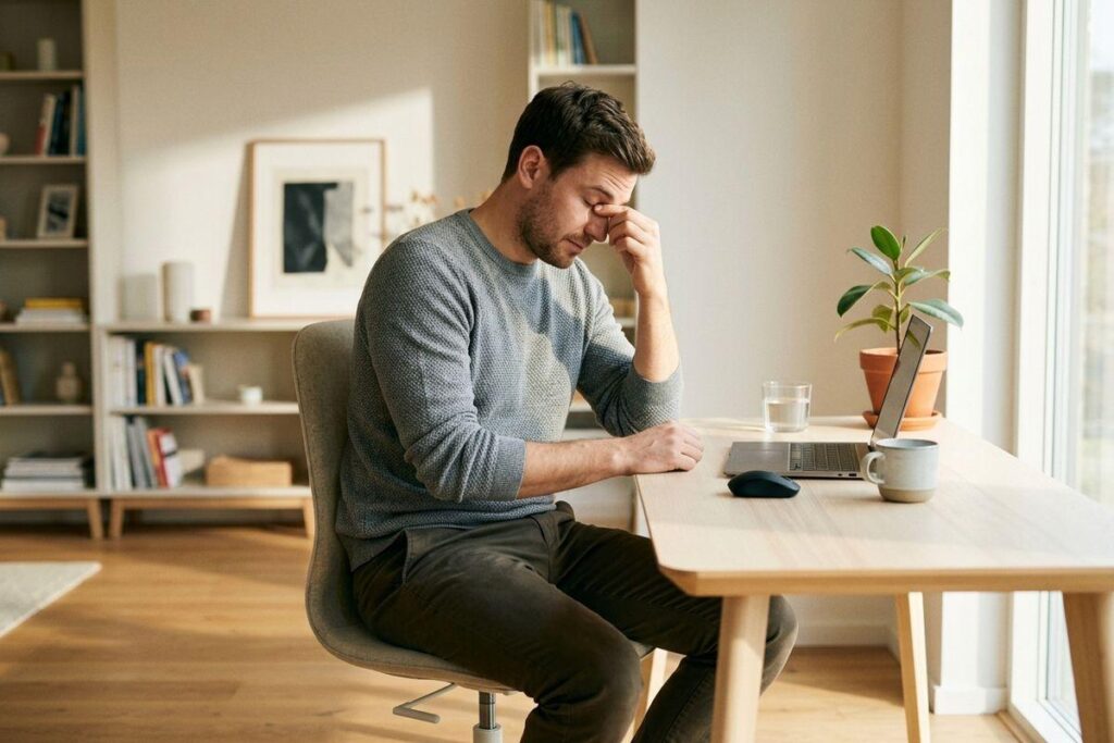 Adult sitting at a home desk with a laptop, eyes closed, pinching the bridge of their nose with one hand, appearing stressed.