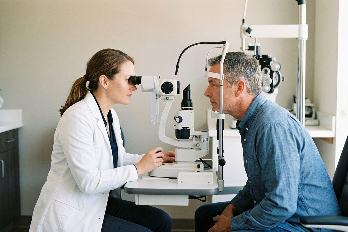 Optometrist using a slit lamp to examine a seated adult patient's eyes in an exam room.