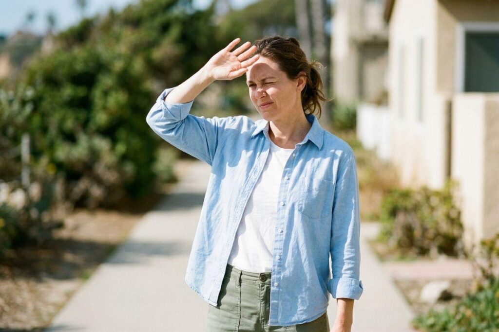 Adult standing outdoors on a sunny path, raising one hand to shield their eyes from bright sunlight, squinting.