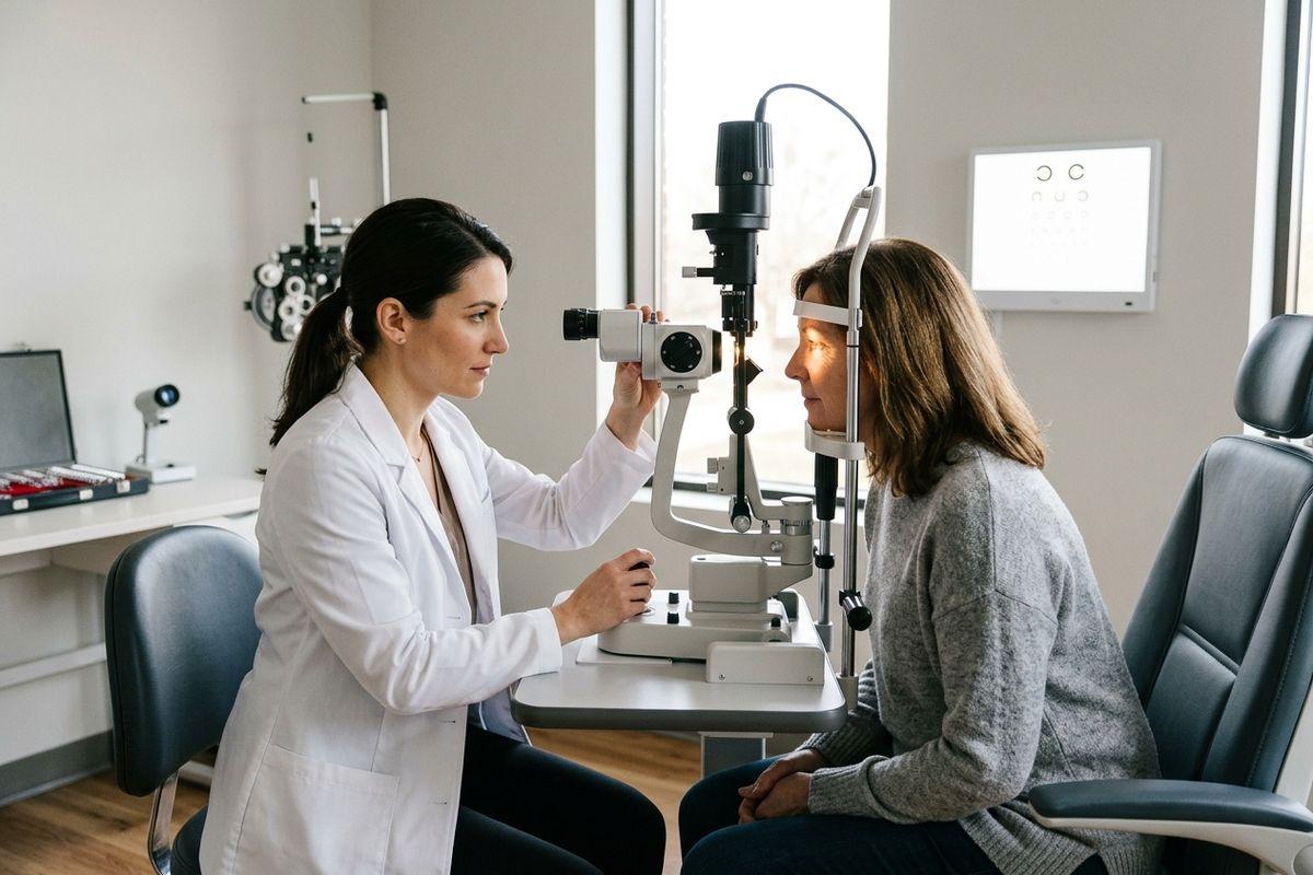 Optometrist using a slit lamp to examine a patient's eyes in an eye exam room, focused expression.