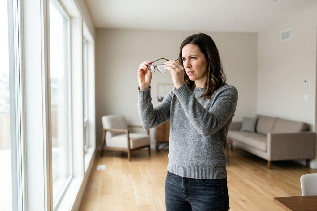 Adult standing near a large window indoors, holding eyeglasses up to inspect them closely with a concerned expression.