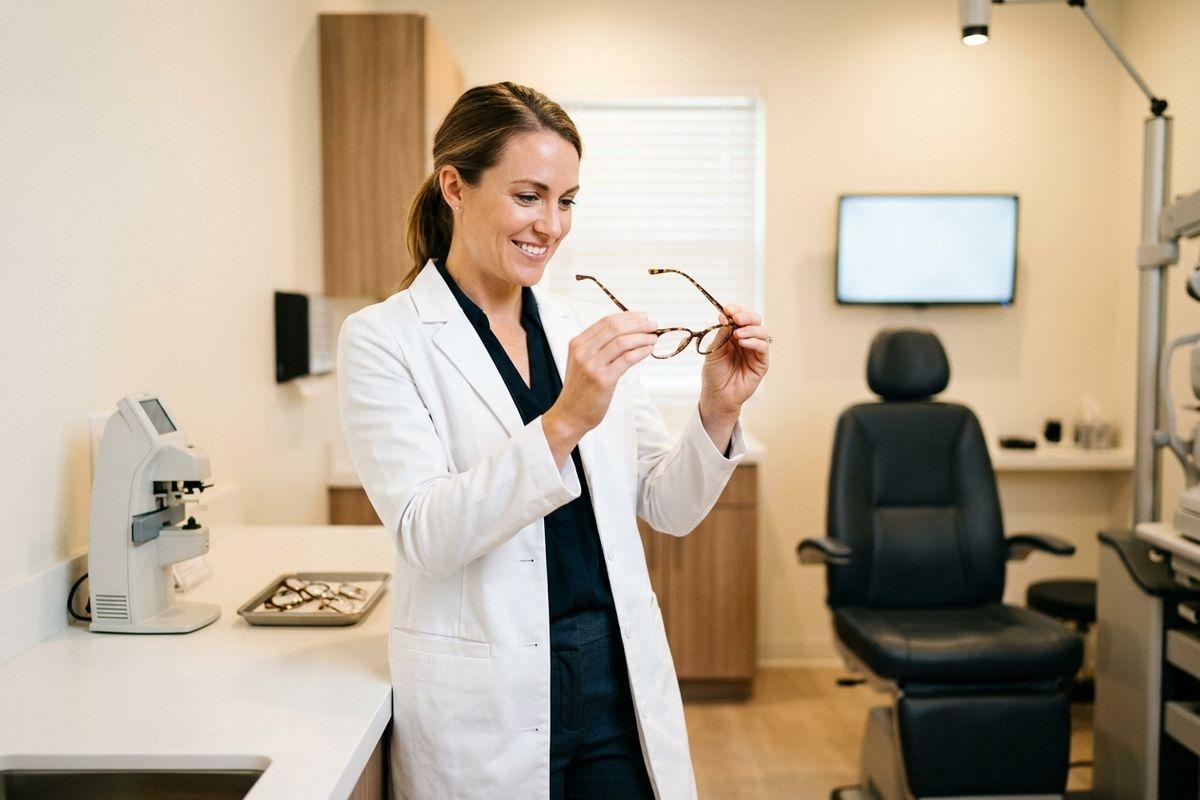 Optometrist smiling while examining a pair of eyeglasses in an eye exam room with an exam chair and optical equipment nearby.
